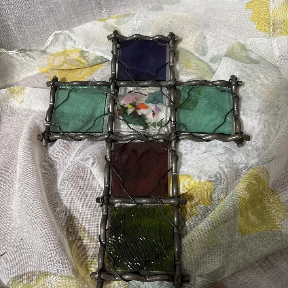 Metal Framed Cross With Stained Glass